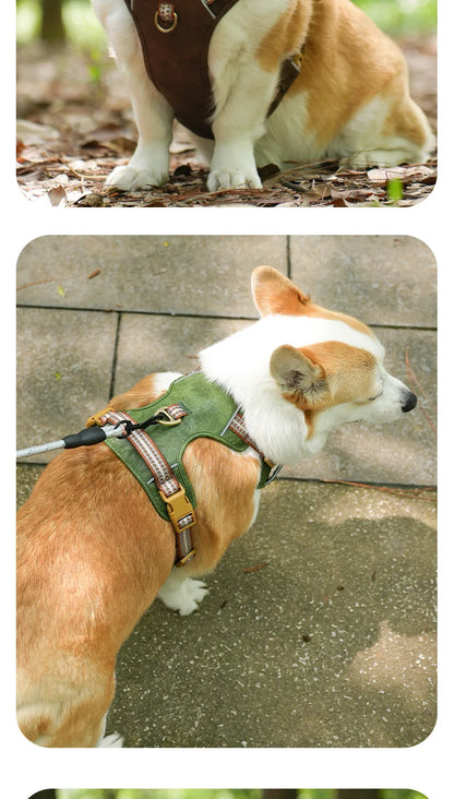 Retro leather pet chest strap, explosion-proof, reflective dog chest and back, breathable and adjustable