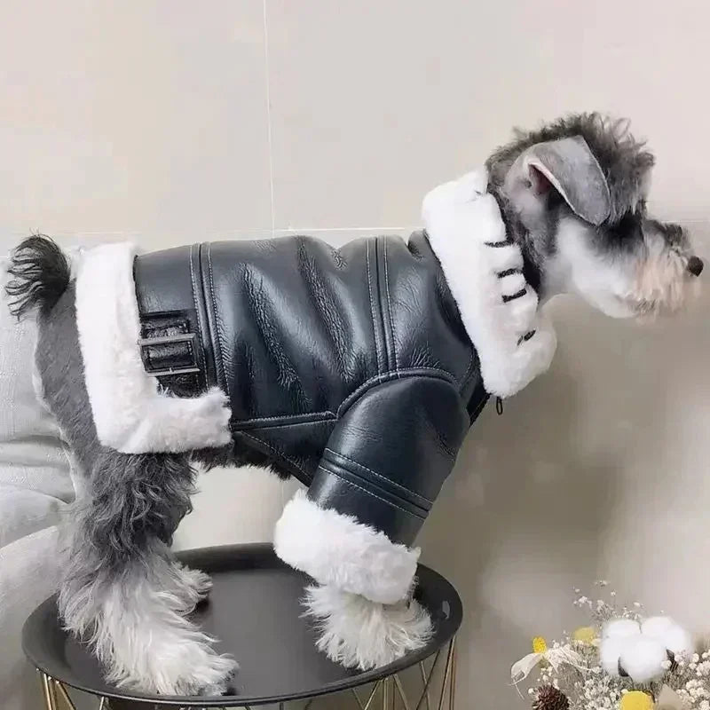 the BIKER DOG - Thickened Fur Integrated Motorcycle Jacket, Pet Clothes, Winter Clothing, Small Dog, Teddy, Pomeranian, Schnauzer