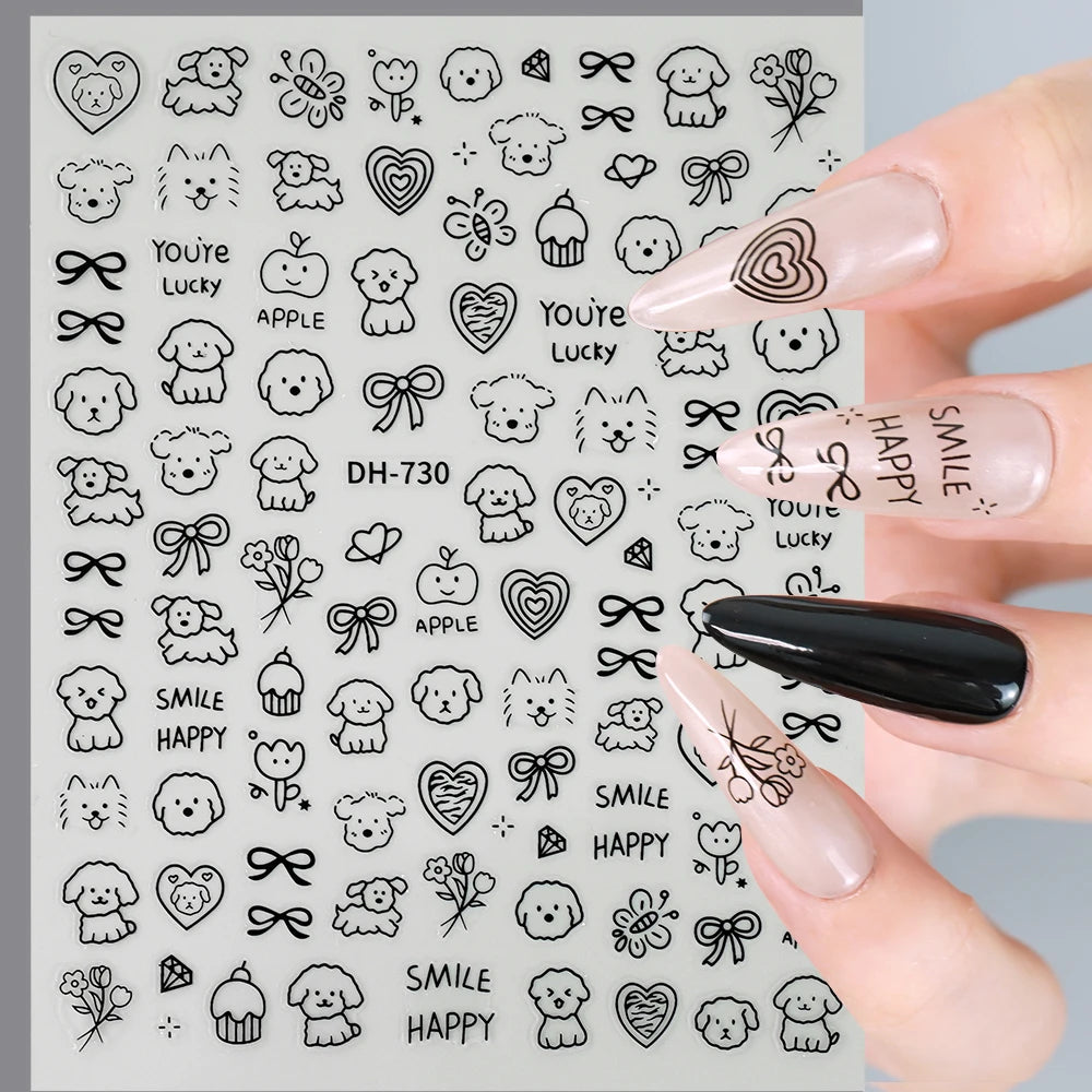 3D Flat Cute Cartoon Nail Stickers Doodle Cat Dog Heart Star Flower Nail Art Stickers Women DIY Manicure Decoration Decals