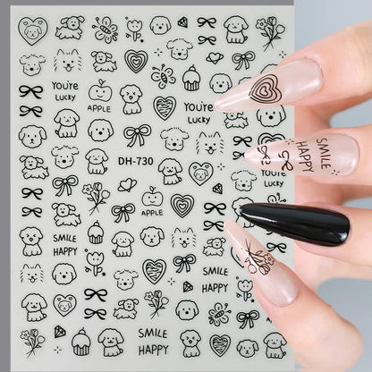 3D Flat Cute Cartoon Nail Stickers Doodle Cat Dog Heart Star Flower Nail Art Stickers Women DIY Manicure Decoration Decals