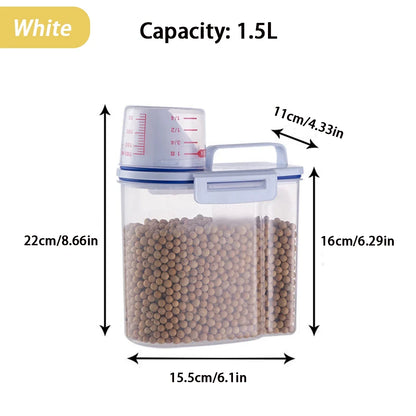 1.5L/2L Dog Cat Food Pail Plastic Storage Tank with Measuring Cup Container Moisture-proof Sealed Jar Pet Supplies Accessories