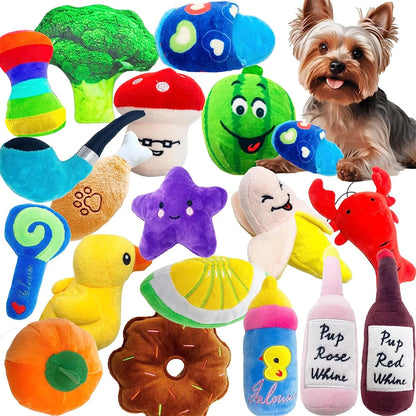 the GO BANANAS CHEW TOYS - 10 PACK SET - Pet Dog Toys, Plush Chew Toy, Soft Banana Bone Vegetable Fruit Squeaky Puppy Training Interactive Toy, Bite-Resistant, Pet Supplies