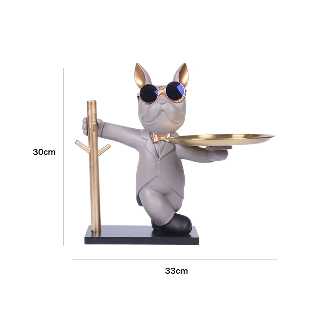 French Bulldog Sculpture Dog Statue Decorative Figurine Storage Metal Tray Coin Piggy Bank Entrance Key Snack Holder