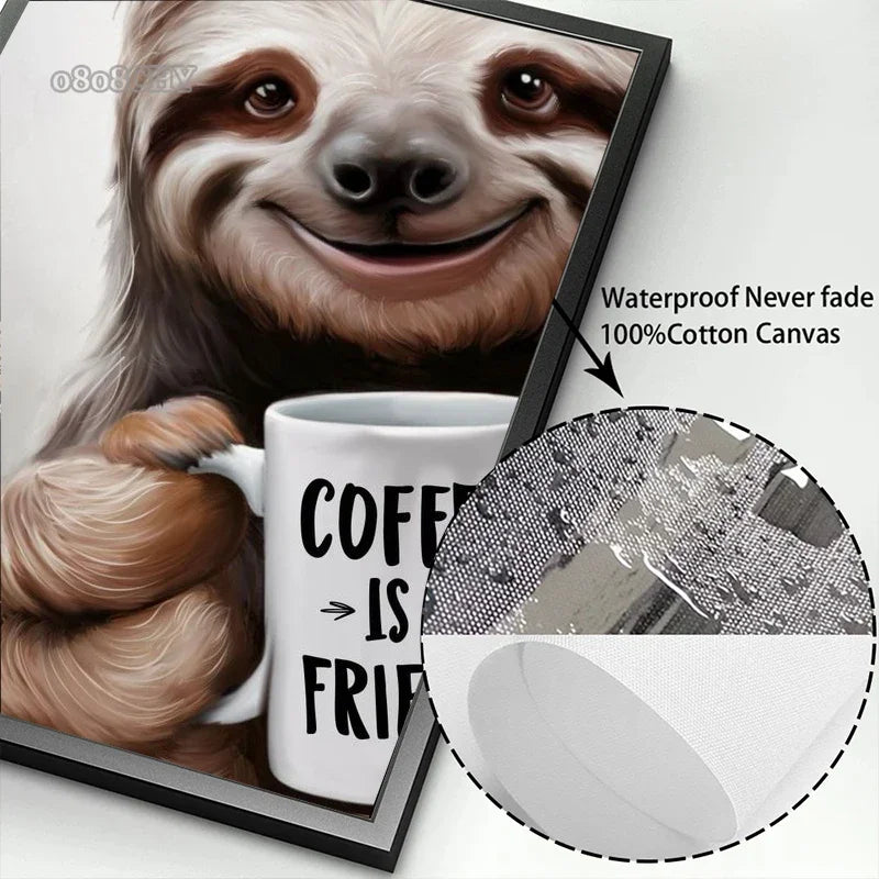 Funny Wall Art Pictures Animal Coffee Portrait Posters Canvas Print Art Sloth Pug Dog and Coffee Mural Cute Home Decor Painting