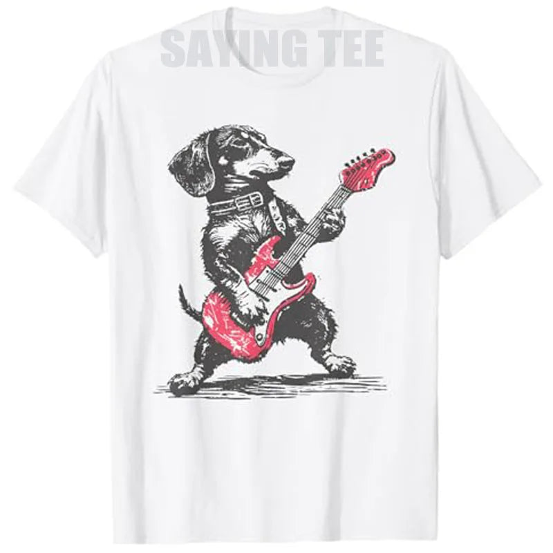 the ROCKER DOG - Vintage Dachshund Weenie Playing Guitar T-Shirt, Dog Men Music Lover Graphic Outfit, Funny Rock Hip Hop Streetwear Saying Tee