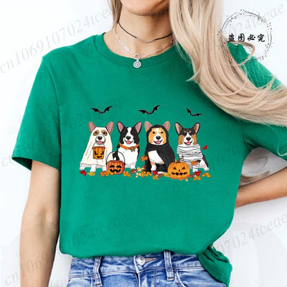 the COSTUME CANINES - Halloween Dog Fashion T-Shirt Tops, Women Harajuku Graphic Tees, Shirt Femme Corgi Dogs Halloween Women's T-Shirt