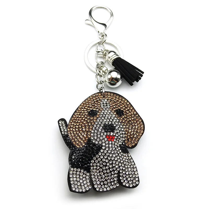 Lovely Beagle Doggie Keyholder For Women Men Full Crystal Blingbling Tassel Animal Bag Hanging Dog Pup Cute Keyring Jewelry