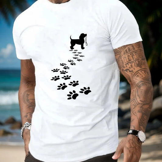 the WALK PLEASE -Men's Summer 100% Cotton Fashionable Casual Sports Loose Fit Dog Paw Print Round Neck Short Sleeved T-Shirt Top