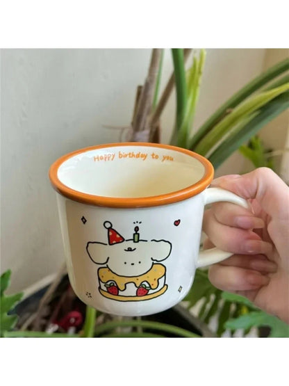 1Pcs Ins Cute Happy Bear Ceramic Mug Kawaii White Puppy Cartoon Coffee Mug Fashion Vintage Afternoon Tea Cup Pair Couple Gift
