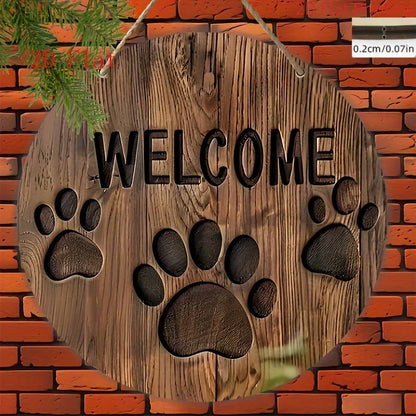 2D Flat, Farmhouse Style Round Wooden Welcome Sign with Dog Paw Print - Rustic Artificial Wood Wall Art for Home, Garden, Cafe,