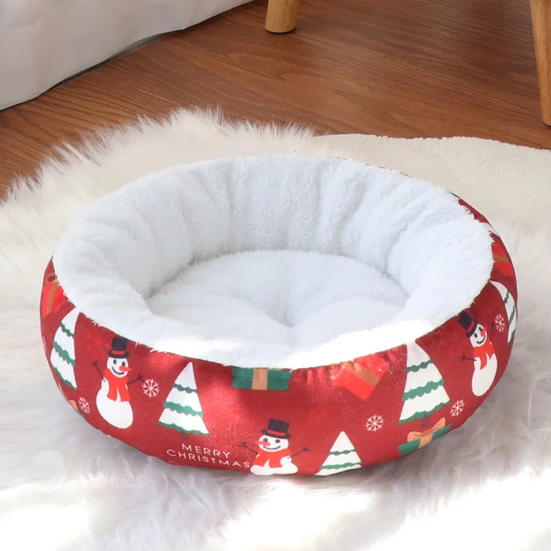 Christmas Dog Bed for Small & Medium Dogs Round Plush Cushion Cozy Sleeping Mat Washable Cat Dog Nest Pet Supplies