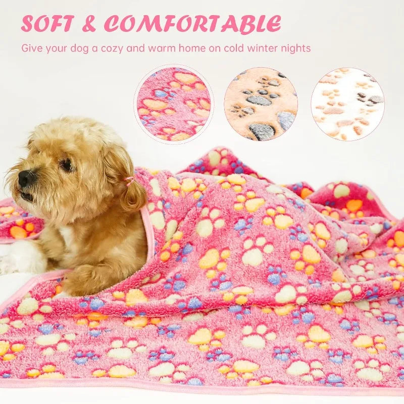 3Pcs/SET Washable Dog Blanket Fuzzy Cat Warm Sleep Mat Cute Paw Print Fleece Blanket Soft Puppy Throw Cover for Kennel Crate Bed