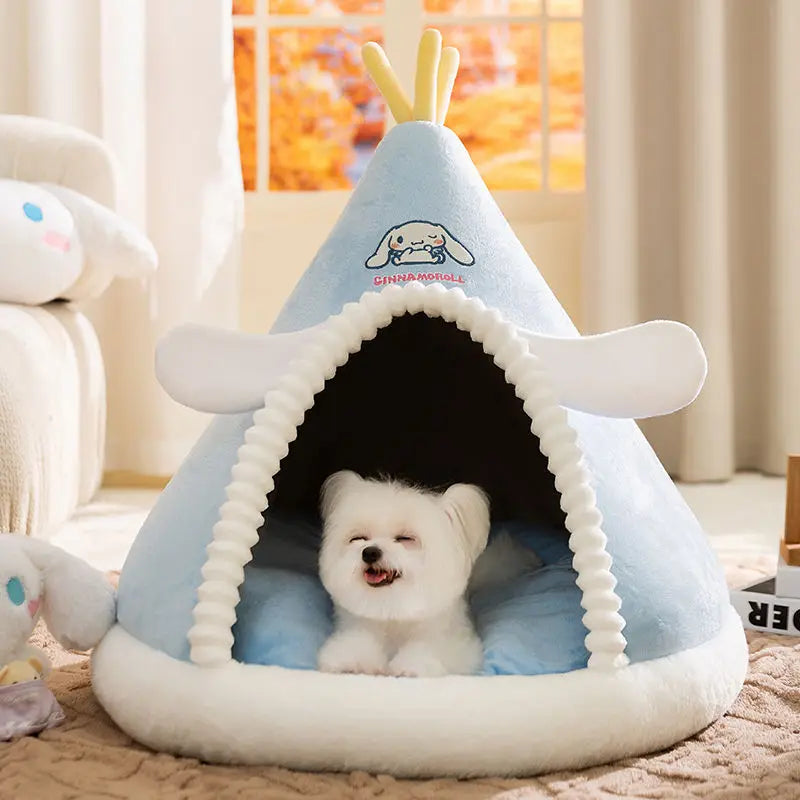 Kawaii Sanrio Cinnamoroll Dog Beds Cute Cat Mats Kennel Winter Warm Enclosed Safe House Removable Washable Sleeping Mat
