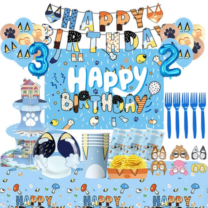 the CARTOON DOG BIRTHDAY - Blue Dog Theme Birthday Party, Cartoon Bluey Birthday Party Decoration Tablecloth Balloon Cake Stand Masks Tableware Kid Supplies