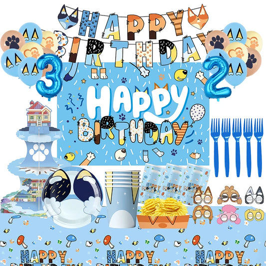 the CARTOON DOG BIRTHDAY - Blue Dog Theme Birthday Party, Cartoon Bluey Birthday Party Decoration Tablecloth Balloon Cake Stand Masks Tableware Kid Supplies
