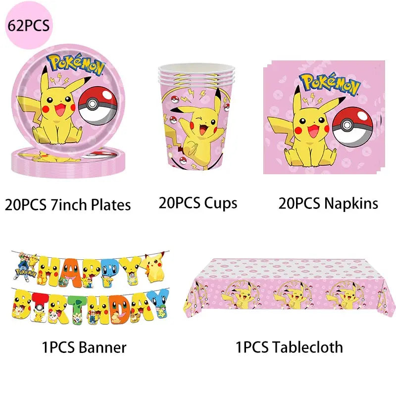 Pikachu Birthday Pokemon Party Decorations Pikachu Foil Balloons Disposable Tableware Plate Napkin Banner For Boy Party Supplies