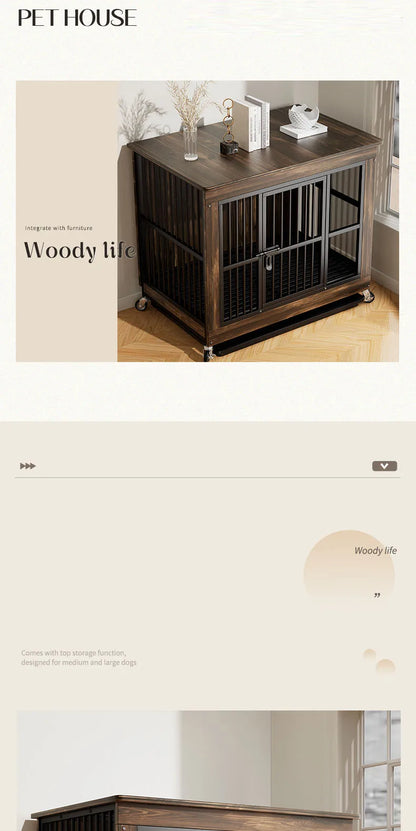 Reinforced Anti-Biting Dog Kennel Sturdy and Durable Wooden Round Pipe Dog Cage with Detachable Wheels Pet Bed