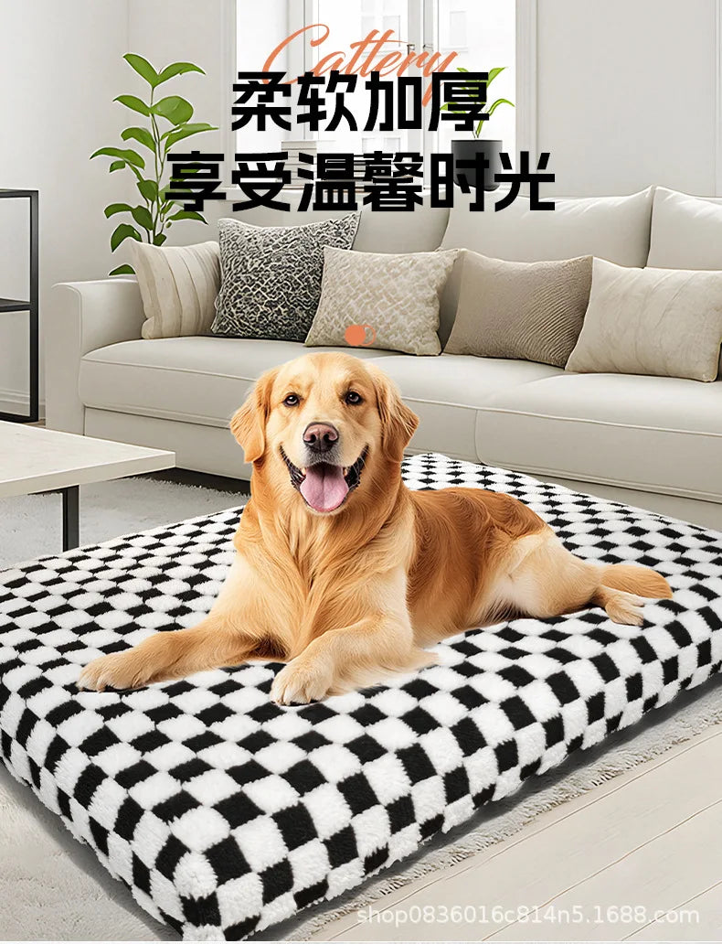 All-Season Checkerboard Dog Bed Mat - Waterproof, Washable Flannel Pet Pad for Crate, Sofa & Car