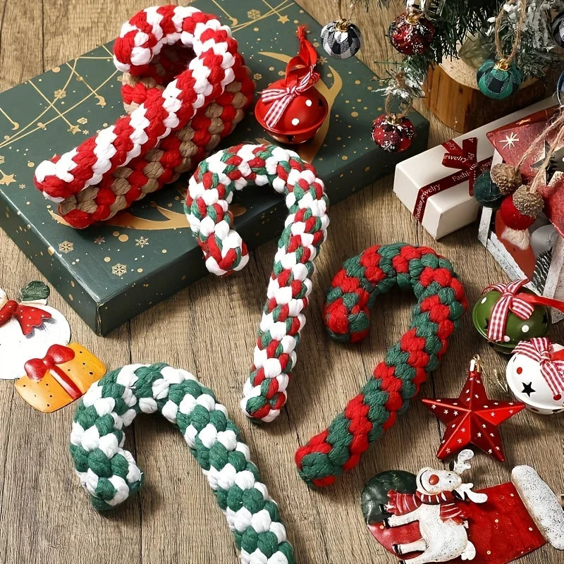 1pc Christmas Dog Rope Toy-Candy Cane Lasso Design with Red&White Stripes&Green Checkered Pattern,Safe Jute Blend Chew Toy