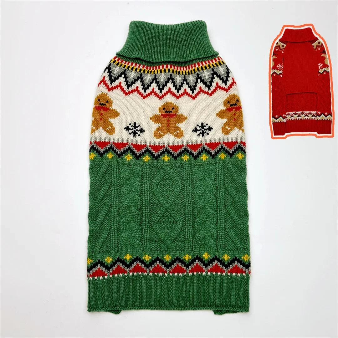 Christmas Dog Sweater with Reindeer Pattern, Red Green High Neck Pullover for Dogs Cats, Warm Winter Puppy Clothes Holiday Wear