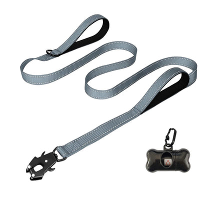 the COMMANDPRO REFLECTIVE LEASH - Heavy Duty Dog Leash - Nylon Reflective with Soft Padded 2 Handle & Auto Lock, Frog Clip, Outdoor Dog Leash with a Dog Poop Bag