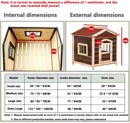 the DOGGY CABIN - Large Outdoor Wooden Dog Kennel with Sun Visor and Wooden Door, Weatherproof Pet House