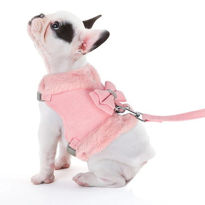 the SPARKLEPAW DIAMOND HARNESS - Warm Winter Dog Harness and Leash Set, Cute Bowknot Pet Fur Vest, Pets/Puppy Clothes Vest, Small Dog Clothing, French Bulldog