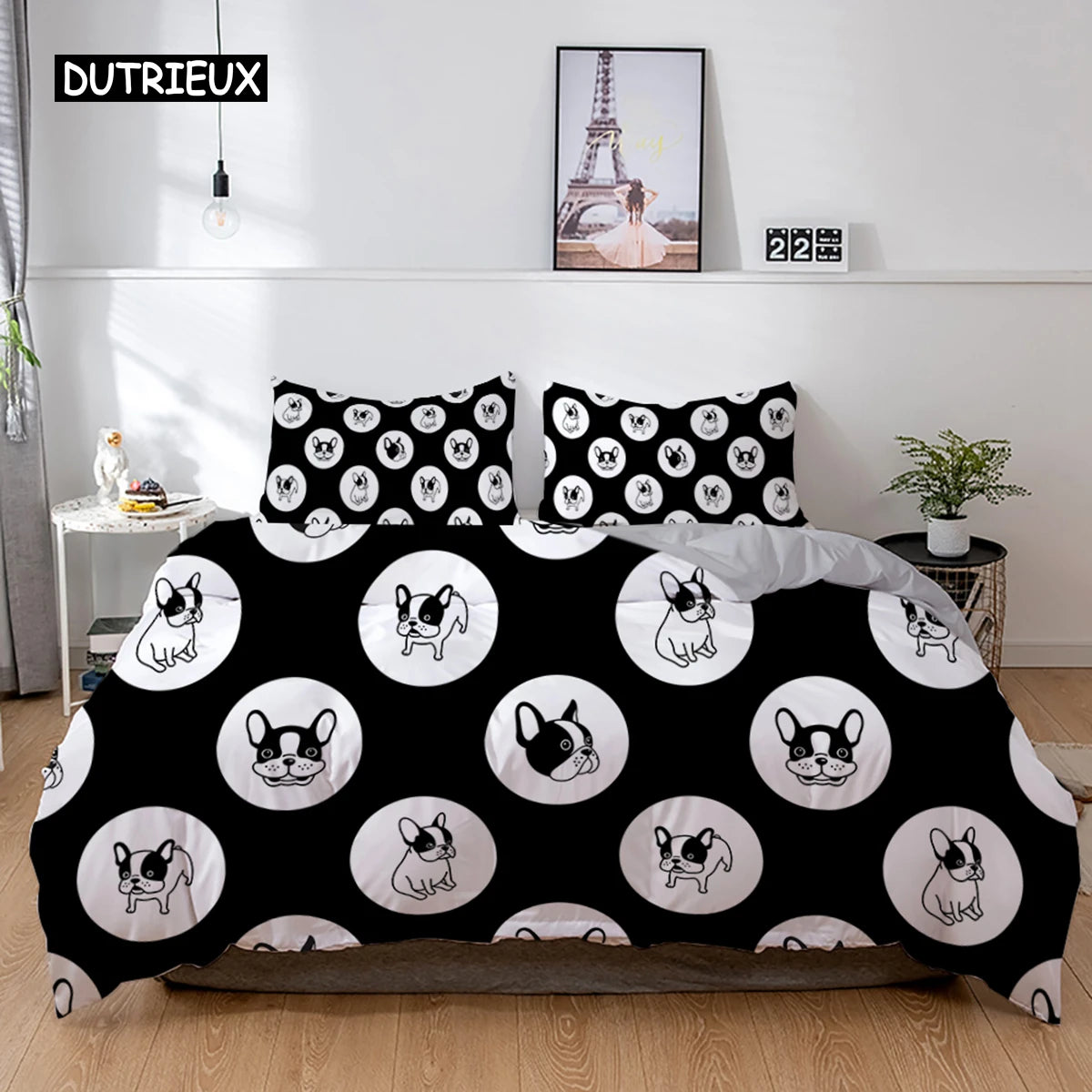 the PRINTED PET DUVET - 3D Dog Bedding Set, Cute French Bulldog Puppy Duvet Cover Sets, Cartoon Bed Cover, Pet Animals Home Textiles, Queen 2/3Pcs King Full