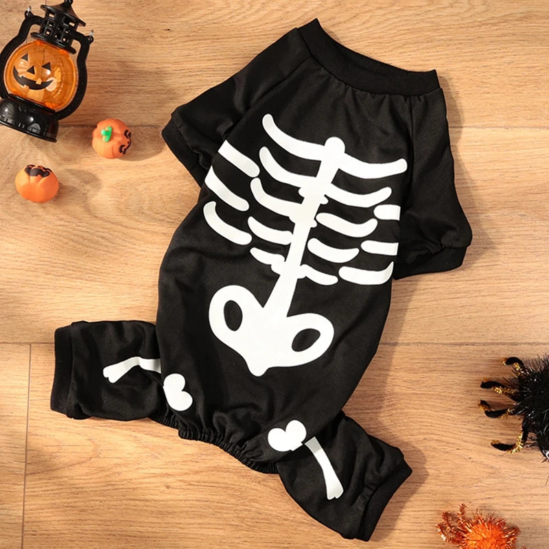 Halloween Dog Costume Glow-in-the-Dark Skeleton Bone Design Dog Clothes Cozy Polyester Jumpsuit for Small to Medium Breeds