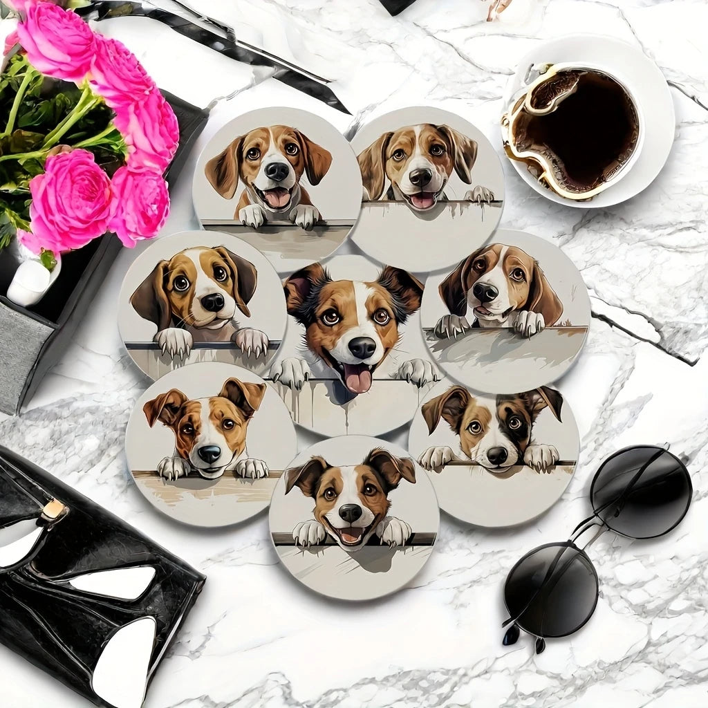 6/8pcs 2D single-sided dog pattern heat resistant non-slip round wooden coaster perfect family afternoon tea coffee shop Gifts