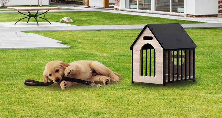the HAPPY DOGGY - Modern Luxury Wooden Doghouse, Pet Kennel and Dog/Cat Nest with Animal Pattern, Metal Material