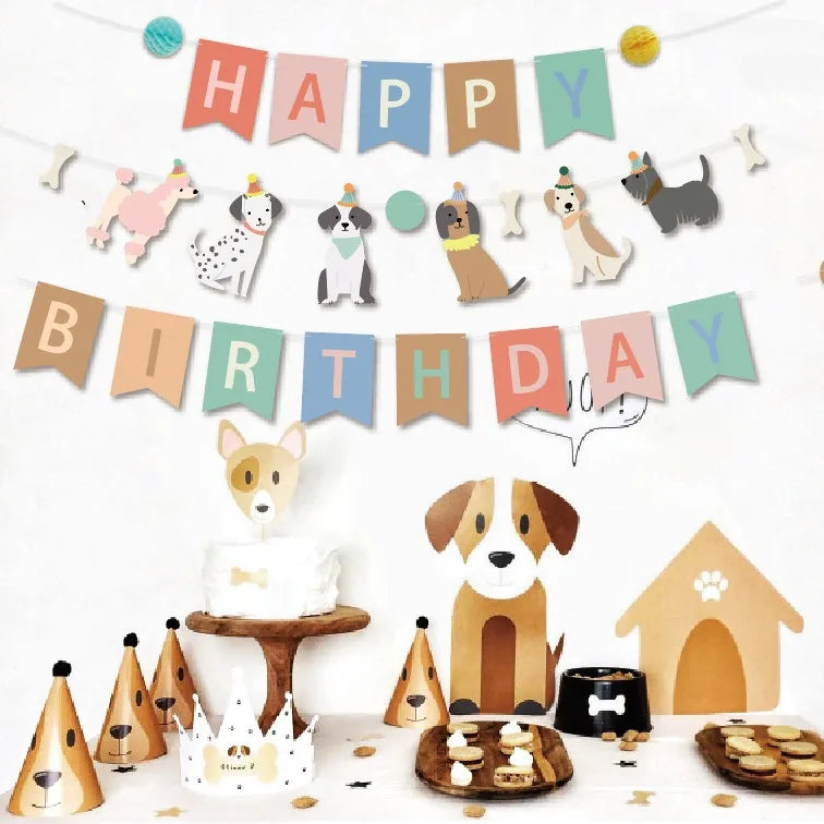 Dog Birthday Party Supplies Banner Flags Pet Dog Cupcake Toppers Dog Face Cake Toppers Puppy Theme Birthday Party Balloon Decor