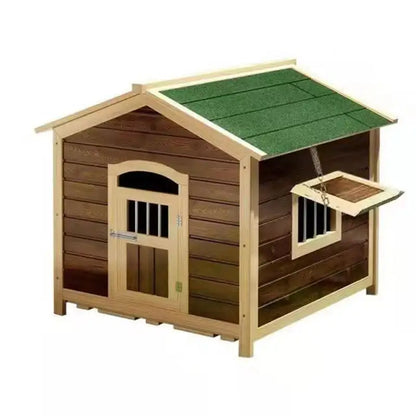 the DOGGY CABIN - Large Outdoor Wooden Dog Kennel with Sun Visor and Wooden Door, Weatherproof Pet House