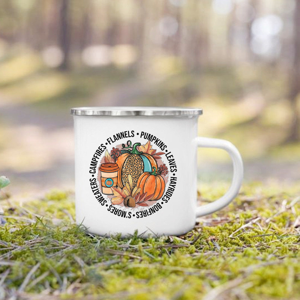 Pumpkin Leaves Dog Cat Printed Enamel Mugs Coffee Cups Fall Thanksgiving Party Wine Juice Mug Handle Cup Autumn Holiday Gifts