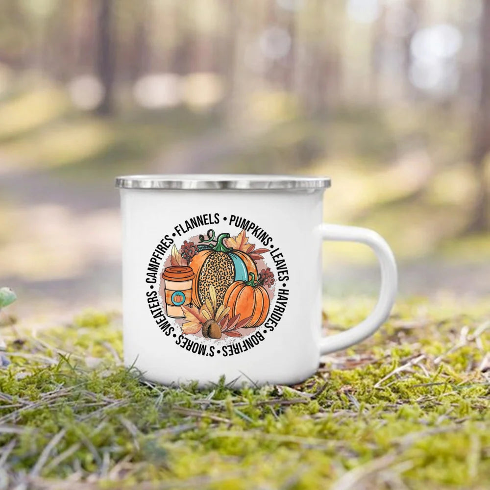 Pumpkin Leaves Dog Cat Printed Enamel Mugs Coffee Cups Fall Thanksgiving Party Wine Juice Mug Handle Cup Autumn Holiday Gifts