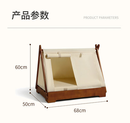 Wooden Pet Tent House - Washable Dog Bed for Small Dogs, Cat House with Removable Cover, Cozy Pet Tent for Indoor/Outdoor Use