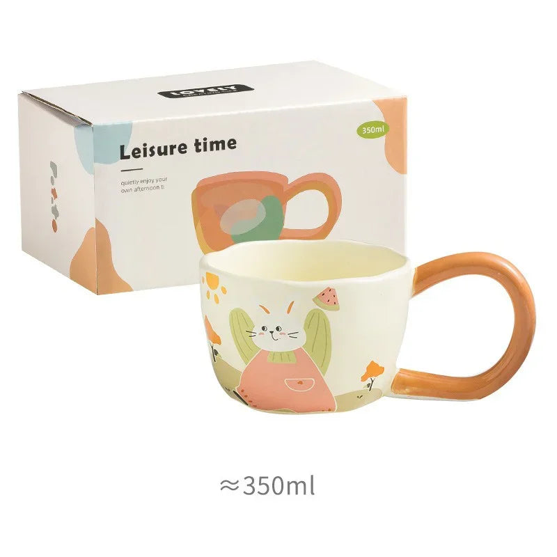 350ML Cartoon Hand Painted Bunny bear Coffee Cups Irregular Ceramic Mug Large Handle Home Office Milk Water Cup Kid's Gifts