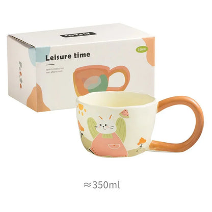 350ML Cartoon Hand Painted Bunny bear Coffee Cups Irregular Ceramic Mug Large Handle Home Office Milk Water Cup Kid's Gifts