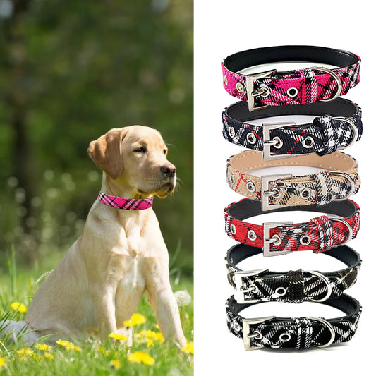 the PLAID PAWS CLASSIC COLLAR - Pet Collar Plaid Cloth Dog Collar, Classic PU Dog Walking, Dog Pet Supplies, Four Seasons Outing