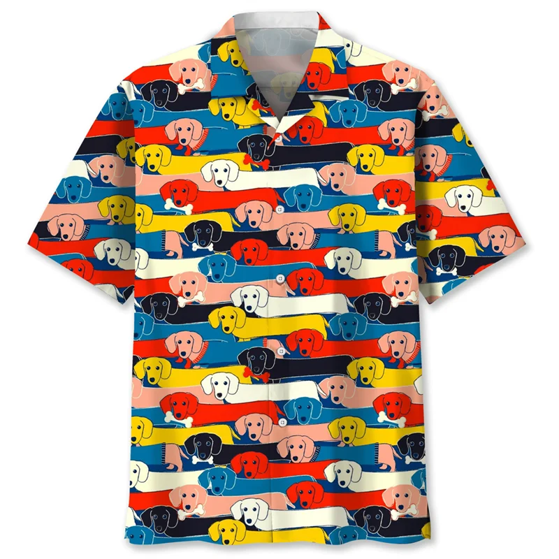 the DACHSHUND DOG DAY - Cartoon Dachshund Dog 3D Printed Shirt for Men, Animal Pets Graphics Short Sleeves Hawaiian Shirts, Tops Loose Lapel Blouse