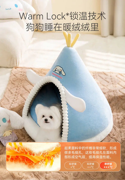 Kawaii Sanrio Cinnamoroll Dog Beds Cute Cat Mats Kennel Winter Warm Enclosed Safe House Removable Washable Sleeping Mat