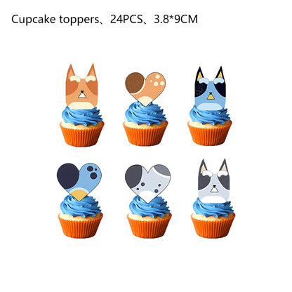 the CARTOON DOG BIRTHDAY - Blue Dog Theme Birthday Party, Cartoon Bluey Birthday Party Decoration Tablecloth Balloon Cake Stand Masks Tableware Kid Supplies