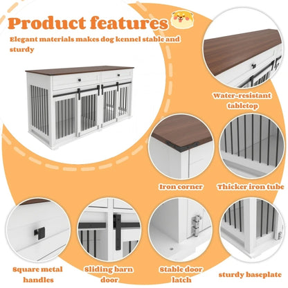 the DOG SPACE - 63 Inch Wooden Double Dog Crate with 2 Drawers and Sliding Door