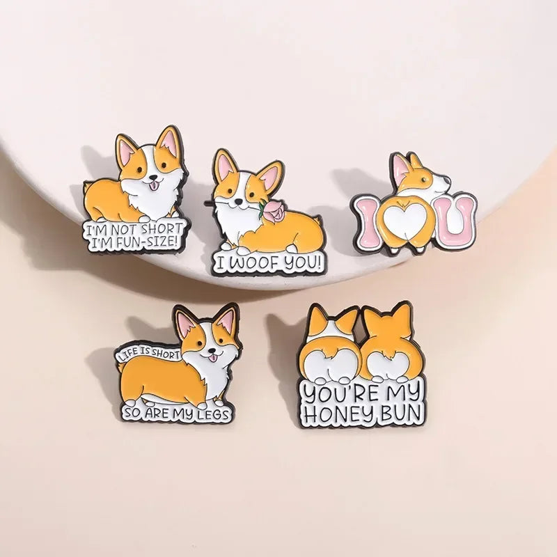 Cute Dog Enamel Brooches Short Legs Corgi Cartoon Puppy Animal Pins Clothing Hat Ornament Badge Custom Jewelry Gifts Wholesale