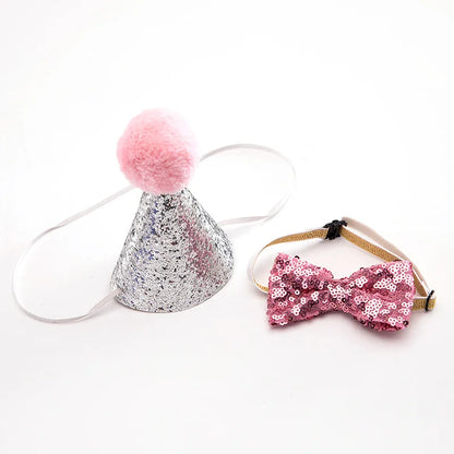 Cat Dog Bow Tie Hat Decoration 2Pcs/Set Baby Birthday Party Prop Accessory Glitter Pom Pom Headwear+Bowknot Collar Pet Supplies