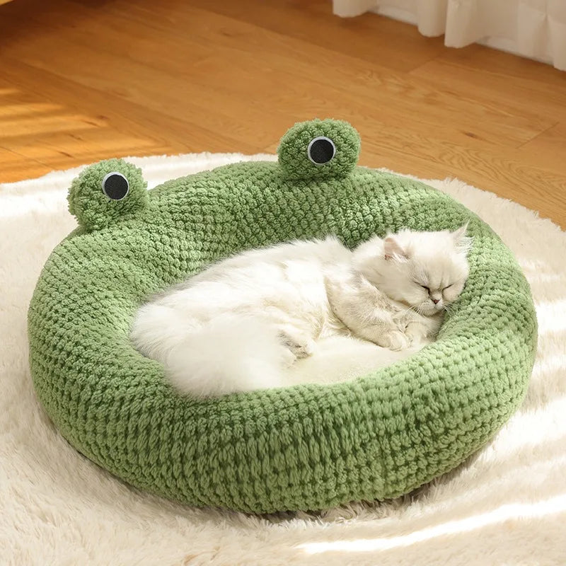 Pet Bed for Small Dogs Cats, Winter Warm Plush Round Puppy Bed Green Cartoon Frog Design Dog Nest Cat Basket