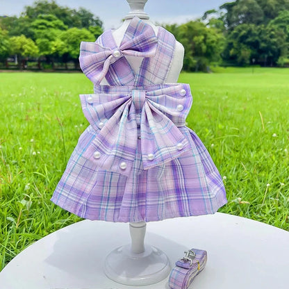 Pet Dog Cat JK Dresses Strap Bow Tie Harness Leash Dog Clothing Skirt Cat Pet Clothing Cosplay Christmas Checker Clothes