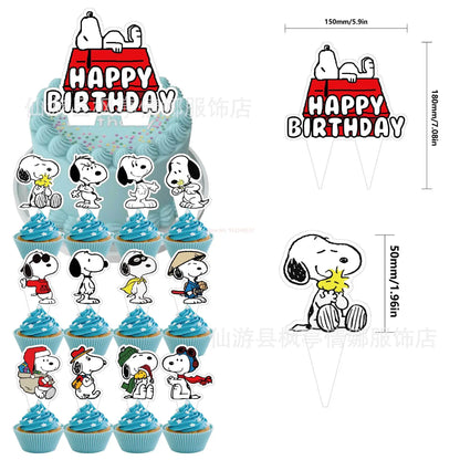Cute Snoopy Dog Children'S Birthday Party Decoration Set Classic Cartoon Character Flag Pulling Cake Size Label Balloon Set