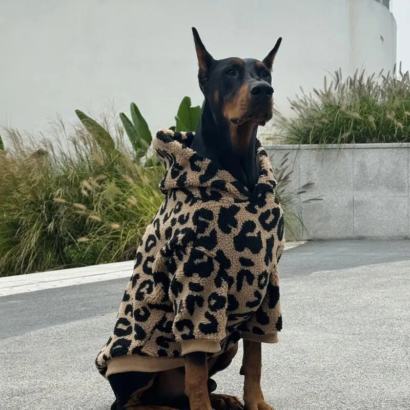 the URBAN LEOPARD ROVER HOODIE - Fashion Leopard Hoodie for Medium/Large Dogs, Warm Fleece Dog Jacket, Doberman Coats for Big Dogs