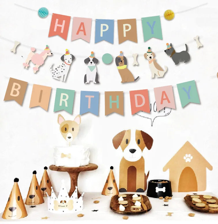 Dog Birthday Party Supplies Banner Flags Pet Dog Cupcake Toppers Dog Face Cake Toppers Puppy Theme Birthday Party Balloon Decor